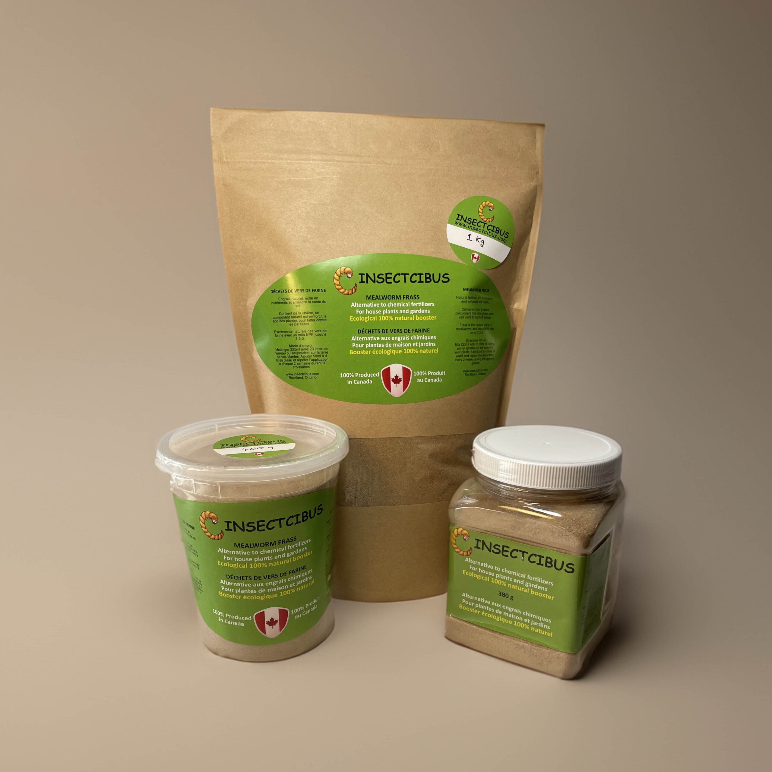 Three different containers of mealworm frass of varying sizes, each featuring the INSECTCIBUS branding
